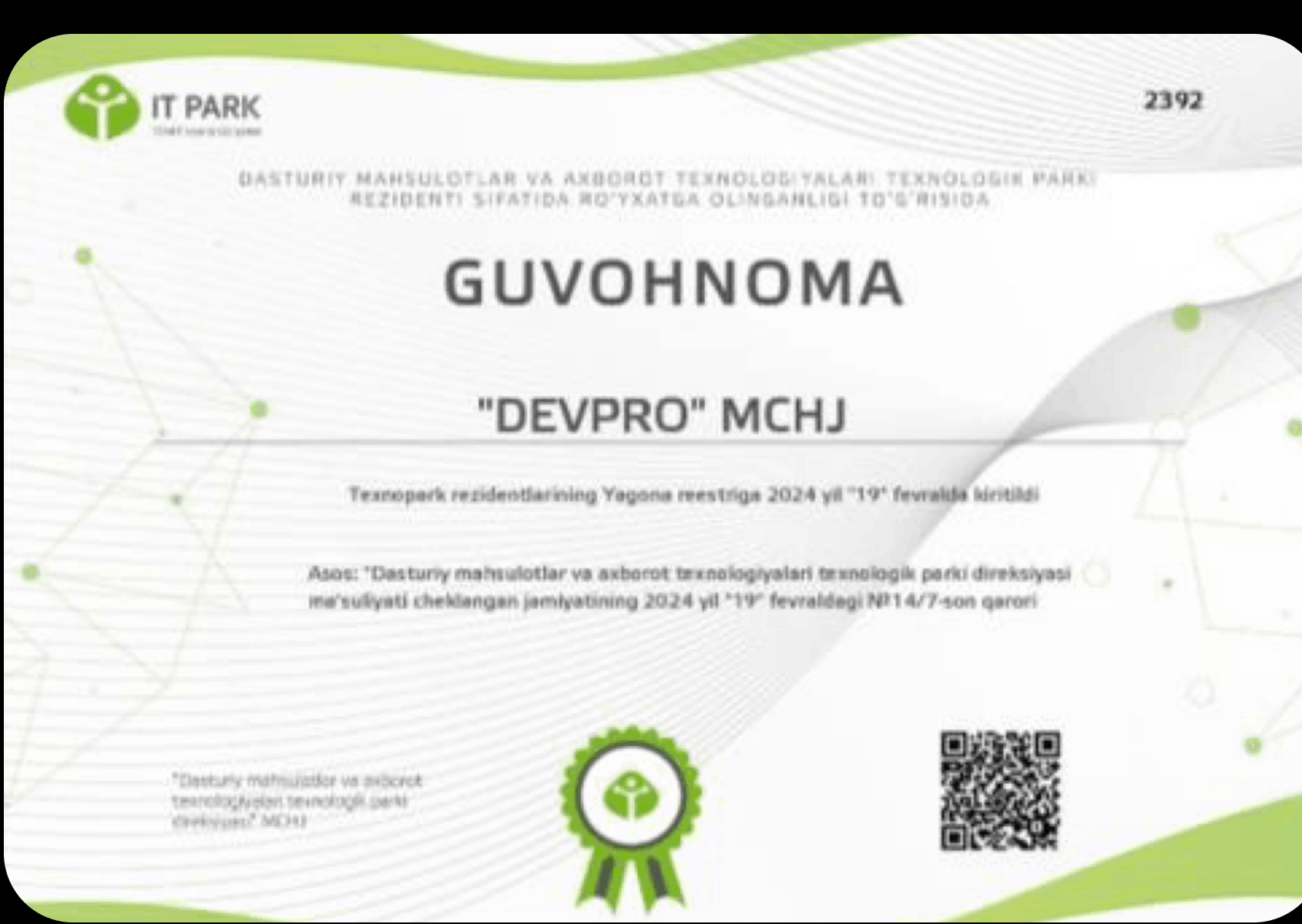 Devpro MCHJ nomiga berilgan IT Park rezidentlik guvohnomasi
